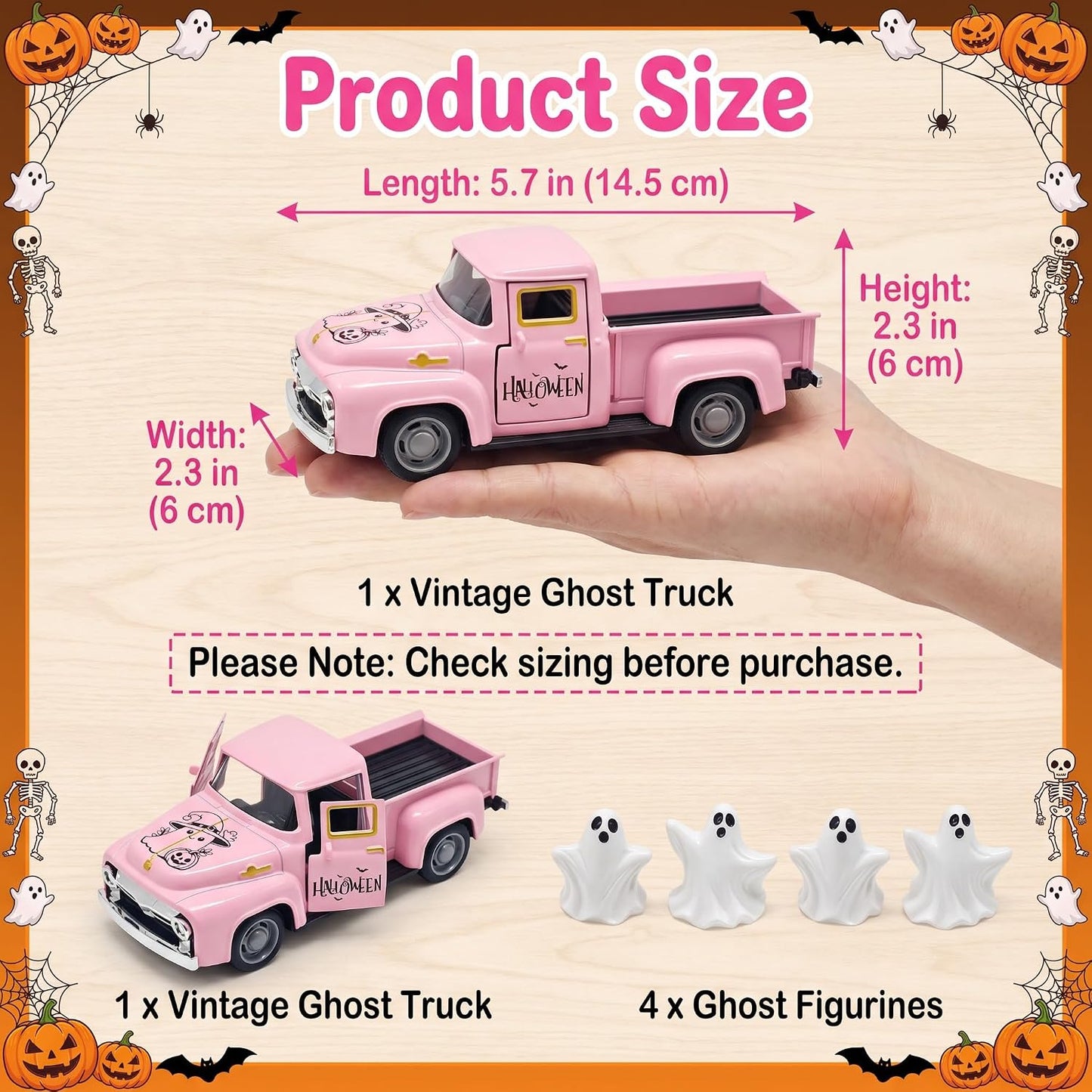 Pink Halloween Farmhouse Truck Decor with Spooky Cute Ghost Figurines