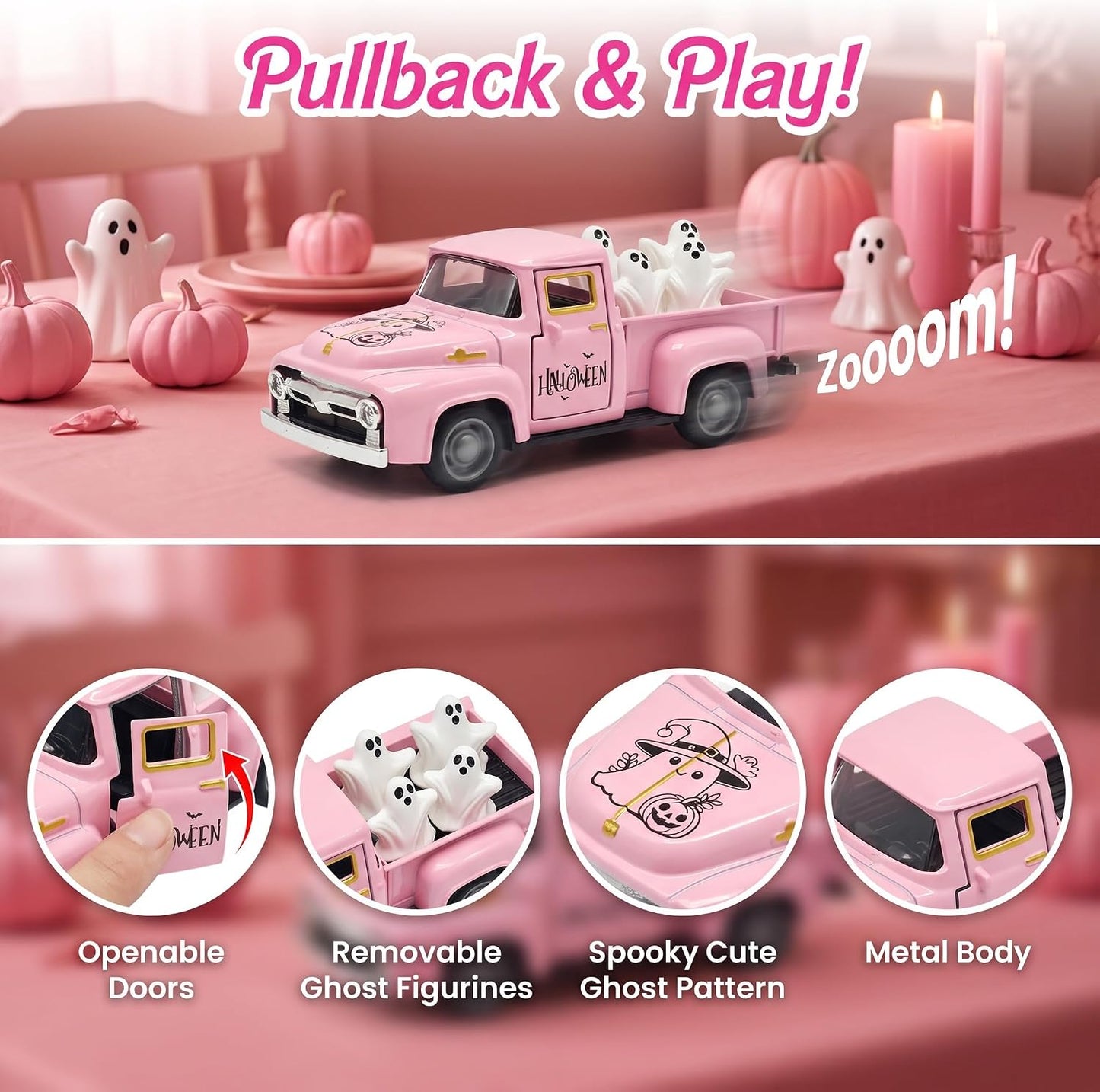 Pink Halloween Farmhouse Truck Decor with Spooky Cute Ghost Figurines