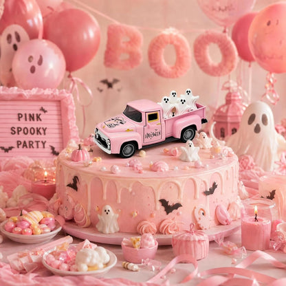 Pink Halloween Farmhouse Truck Decor with Spooky Cute Ghost Figurines