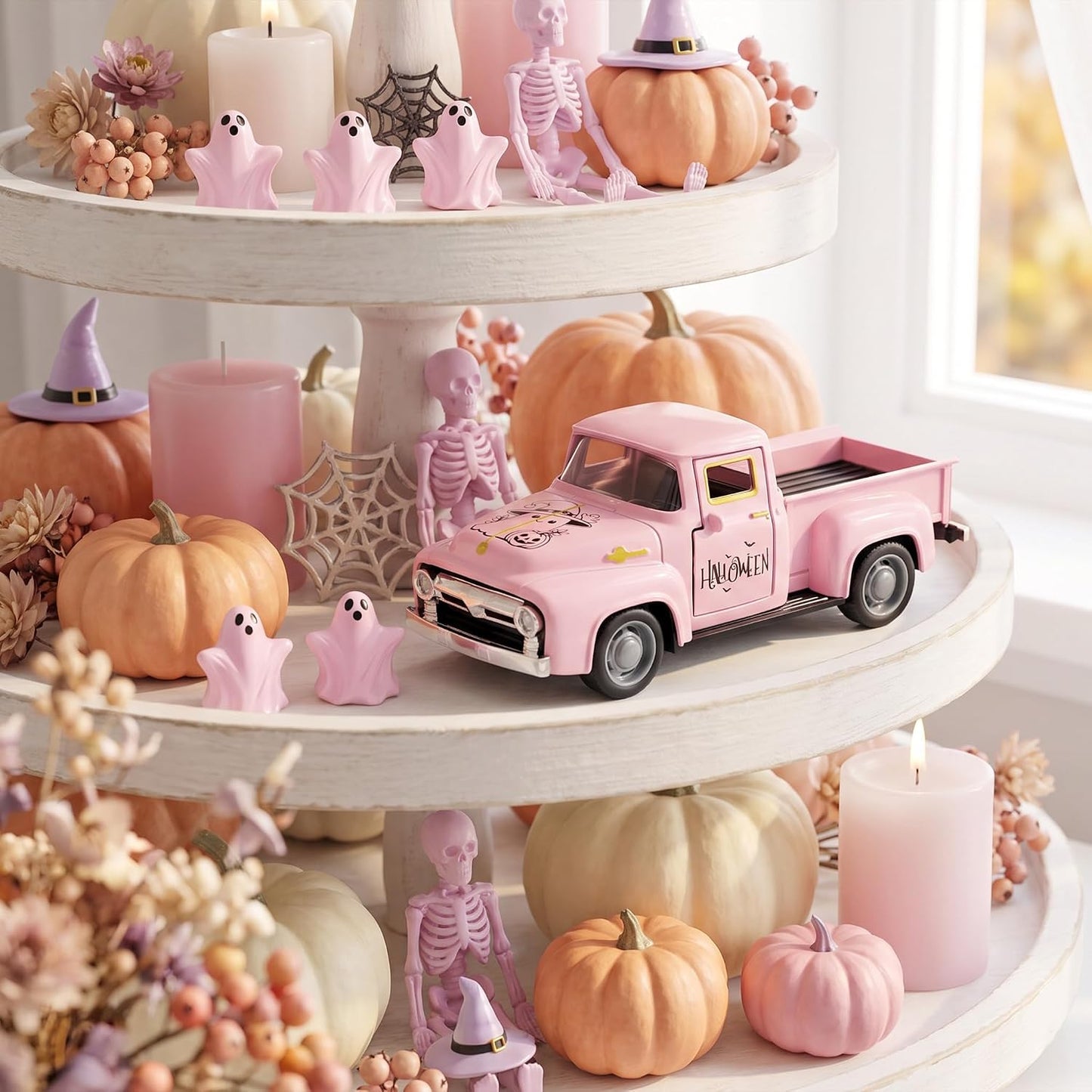 Pink Halloween Farmhouse Truck Decor with Spooky Cute Ghost Figurines
