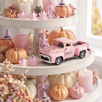Pink Halloween Farmhouse Truck Decor with Spooky Cute Ghost Figurines