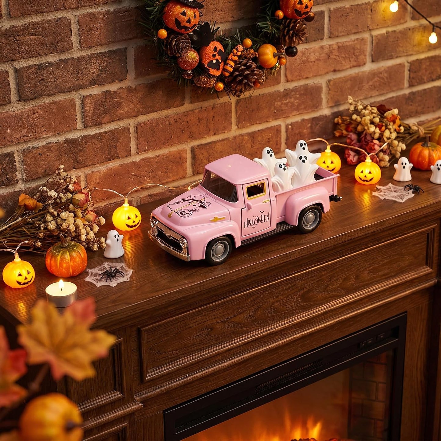 Pink Halloween Farmhouse Truck Decor with Spooky Cute Ghost Figurines