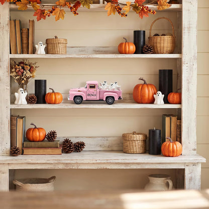 Pink Halloween Farmhouse Truck Decor with Spooky Cute Ghost Figurines