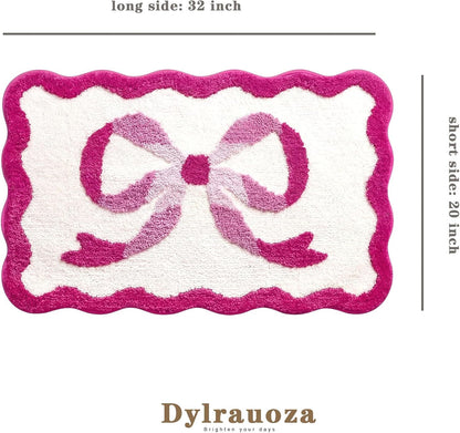 Pink Bow Bath Mat, 20‘’ x 32‘’ Scalloped Bath Rug for Bathroom, Cute Aesthetic Pink Bathroom Rug, Non Slip Water Absorbing Machine Washable Microfiber Rug for Coquette Room Decor
