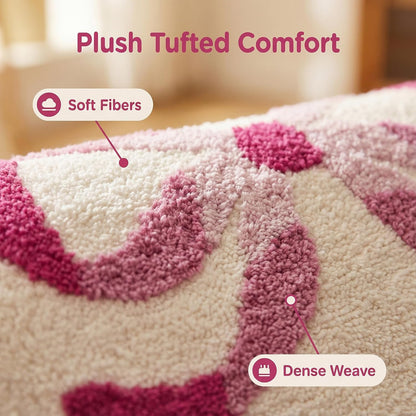 Pink Bow Bath Mat, 20‘’ x 32‘’ Scalloped Bath Rug for Bathroom, Cute Aesthetic Pink Bathroom Rug, Non Slip Water Absorbing Machine Washable Microfiber Rug for Coquette Room Decor