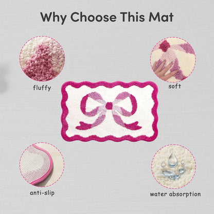 Pink Bow Bath Mat, 20‘’ x 32‘’ Scalloped Bath Rug for Bathroom, Cute Aesthetic Pink Bathroom Rug, Non Slip Water Absorbing Machine Washable Microfiber Rug for Coquette Room Decor