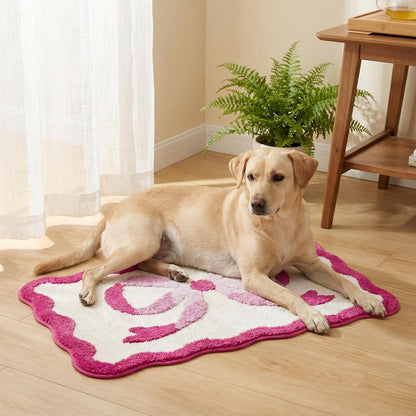 Pink Bow Bath Mat, 20‘’ x 32‘’ Scalloped Bath Rug for Bathroom, Cute Aesthetic Pink Bathroom Rug, Non Slip Water Absorbing Machine Washable Microfiber Rug for Coquette Room Decor
