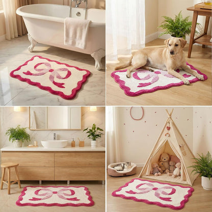 Pink Bow Bath Mat, 20‘’ x 32‘’ Scalloped Bath Rug for Bathroom, Cute Aesthetic Pink Bathroom Rug, Non Slip Water Absorbing Machine Washable Microfiber Rug for Coquette Room Decor