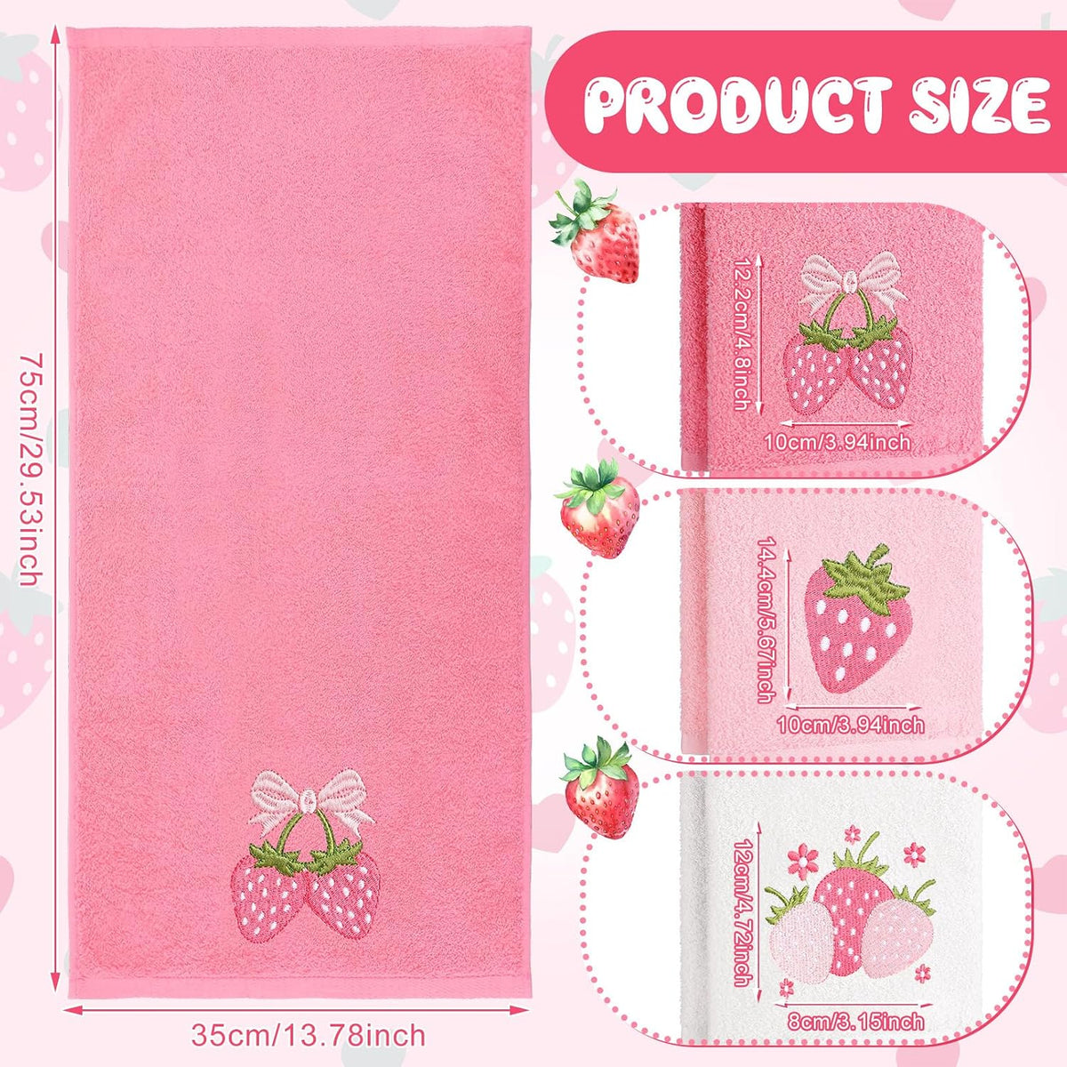 3 Pcs Pink Embroidered Hand Towels, Cotton Strawberry