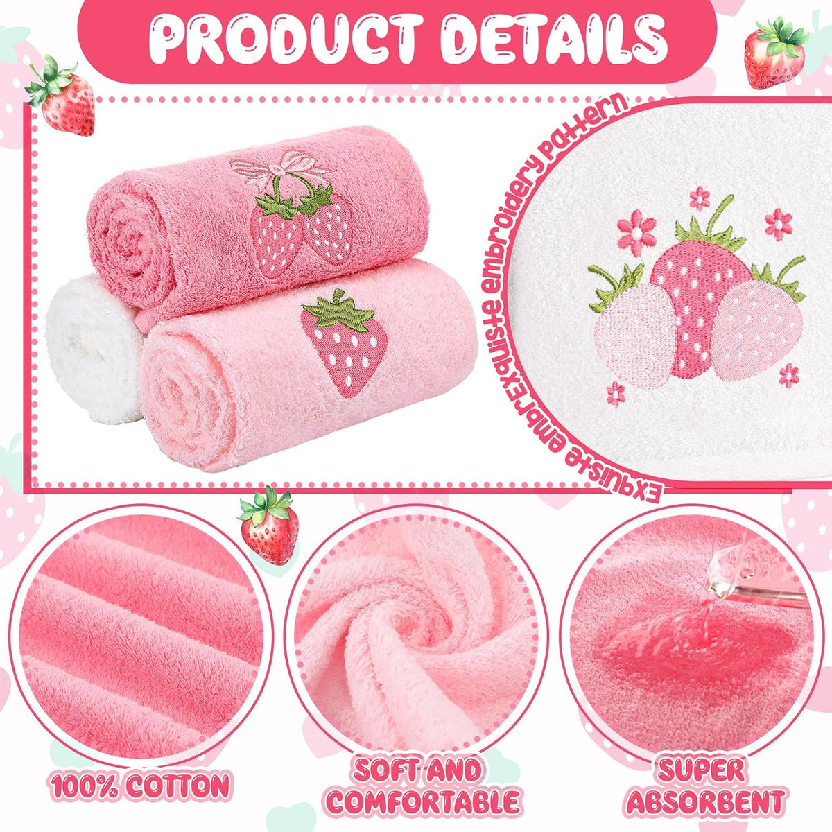 3 Pcs Pink Embroidered Hand Towels, Cotton Strawberry