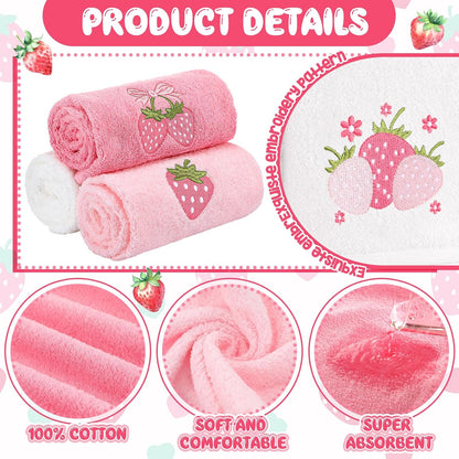 3 Pcs Pink Embroidered Hand Towels, Cotton Strawberry
