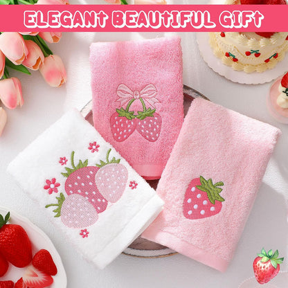 3 Pcs Pink Embroidered Hand Towels, Cotton Strawberry
