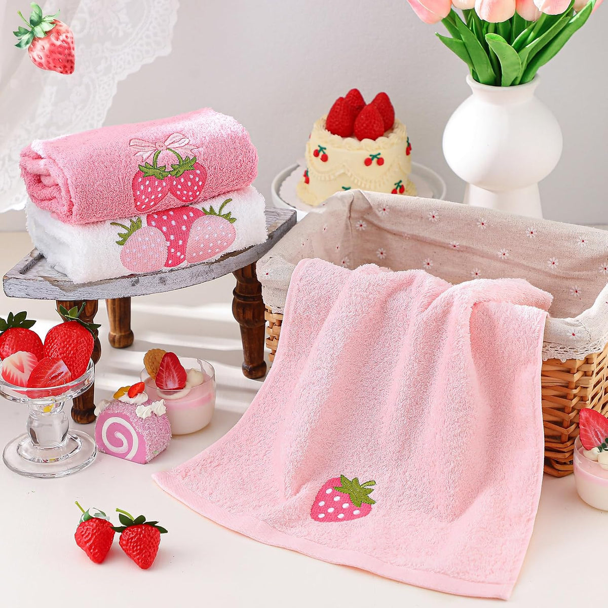 3 Pcs Pink Embroidered Hand Towels, Cotton Strawberry