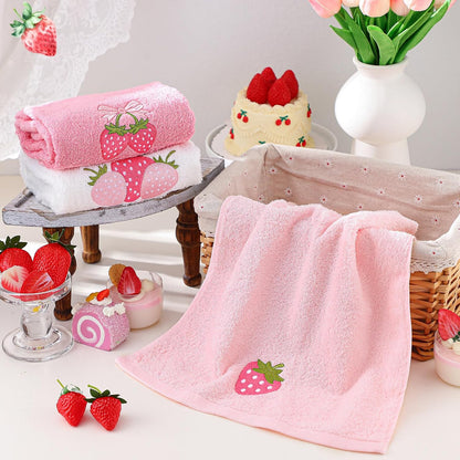 3 Pcs Pink Embroidered Hand Towels, Cotton Strawberry