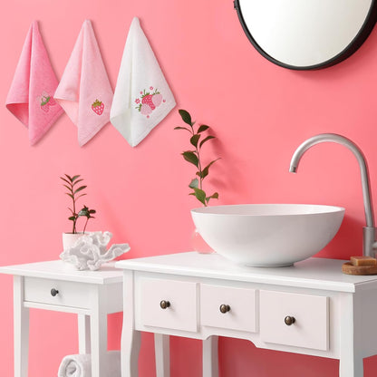 3 Pcs Pink Embroidered Hand Towels, Cotton Strawberry