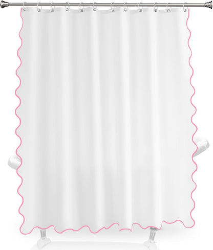 Pink and White Boho Cute Scalloped Shower Curtain, Long Modern Aesthetic Shower Stall Curtains for Bathroom, Luxury Waterproof Fabric, Girly Dorm Funky Pretty Elegant Bath Decor Sets (Pink, 84 x 72)
