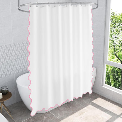 Pink and White Boho Cute Scalloped Shower Curtain, Long Modern Aesthetic Shower Stall Curtains for Bathroom, Luxury Waterproof Fabric, Girly Dorm Funky Pretty Elegant Bath Decor Sets (Pink, 84 x 72)