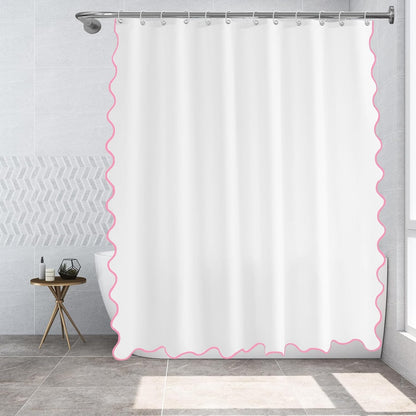Pink and White Boho Cute Scalloped Shower Curtain, Long Modern Aesthetic Shower Stall Curtains for Bathroom, Luxury Waterproof Fabric, Girly Dorm Funky Pretty Elegant Bath Decor Sets (Pink, 84 x 72)