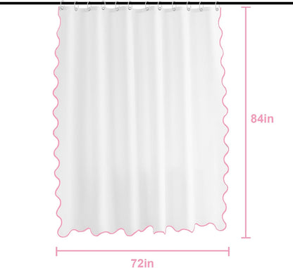 Pink and White Boho Cute Scalloped Shower Curtain, Long Modern Aesthetic Shower Stall Curtains for Bathroom, Luxury Waterproof Fabric, Girly Dorm Funky Pretty Elegant Bath Decor Sets (Pink, 84 x 72)