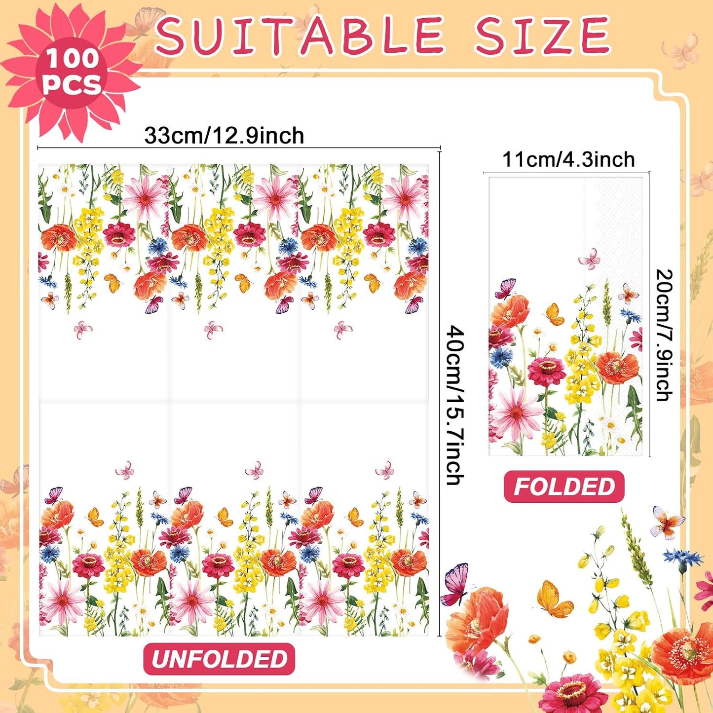 gisgfim 100Pcs Floral Paper Napkins Spring Butterfly Flowers Guest Towel Wildflower Disposable Hand Napkins for Bathroom Flower Garden Blossom Dinner Party Bridal Baby Shower Decorative Towels