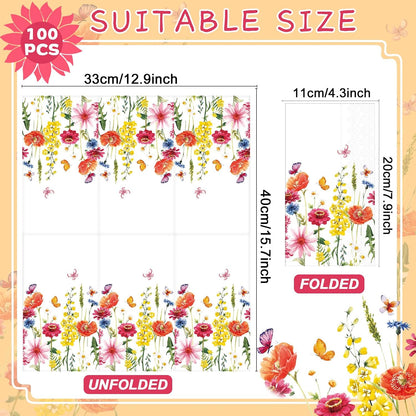 gisgfim 100Pcs Floral Paper Napkins Spring Butterfly Flowers Guest Towel Wildflower Disposable Hand Napkins for Bathroom Flower Garden Blossom Dinner Party Bridal Baby Shower Decorative Towels