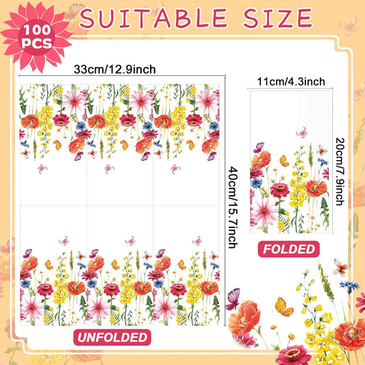 gisgfim 100Pcs Floral Paper Napkins Spring Butterfly Flowers Guest Towel Wildflower Disposable Hand Napkins for Bathroom Flower Garden Blossom Dinner Party Bridal Baby Shower Decorative Towels