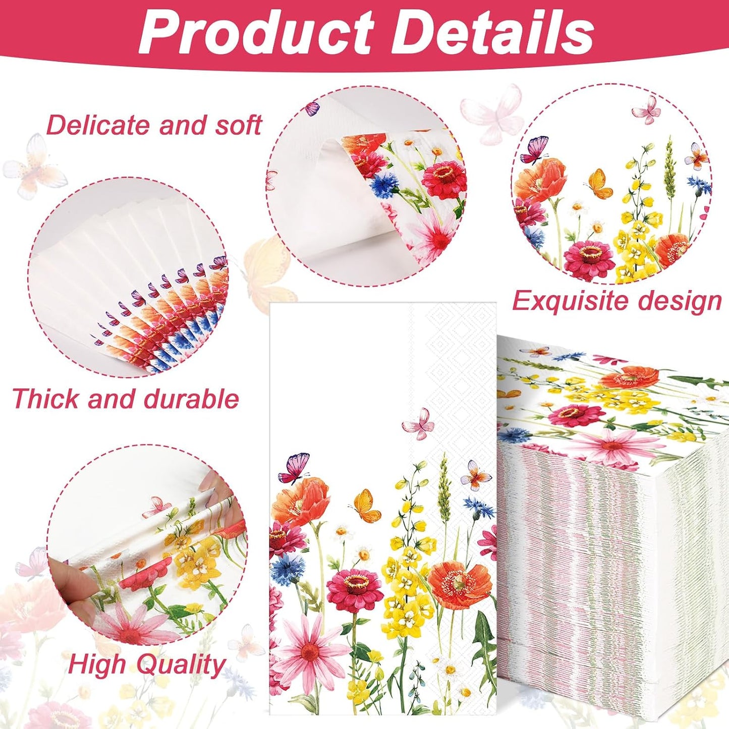 gisgfim 100Pcs Floral Paper Napkins Spring Butterfly Flowers Guest Towel Wildflower Disposable Hand Napkins for Bathroom Flower Garden Blossom Dinner Party Bridal Baby Shower Decorative Towels