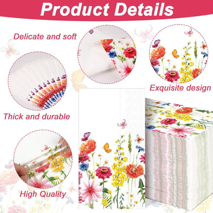 gisgfim 100Pcs Floral Paper Napkins Spring Butterfly Flowers Guest Towel Wildflower Disposable Hand Napkins for Bathroom Flower Garden Blossom Dinner Party Bridal Baby Shower Decorative Towels
