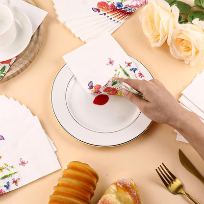 gisgfim 100Pcs Floral Paper Napkins Spring Butterfly Flowers Guest Towel Wildflower Disposable Hand Napkins for Bathroom Flower Garden Blossom Dinner Party Bridal Baby Shower Decorative Towels