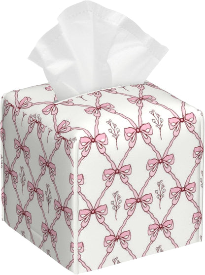 Vintage Retro Pink Ribbon Tissue Box Cover Square,Leather Tissue Holder,Waterproof Leather Facial Paper Organizer Tissue Box Cover for Home Office Bathroom Vanity Countertop,5.2" x 5.2" x 5.2"