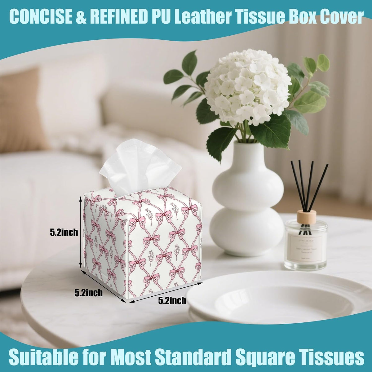 Vintage Retro Pink Ribbon Tissue Box Cover Square,Leather Tissue Holder,Waterproof Leather Facial Paper Organizer Tissue Box Cover for Home Office Bathroom Vanity Countertop,5.2" x 5.2" x 5.2"