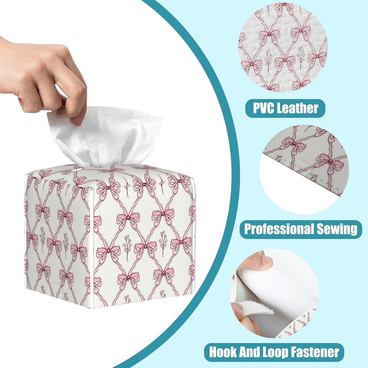 Vintage Retro Pink Ribbon Tissue Box Cover Square,Leather Tissue Holder,Waterproof Leather Facial Paper Organizer Tissue Box Cover for Home Office Bathroom Vanity Countertop,5.2" x 5.2" x 5.2"