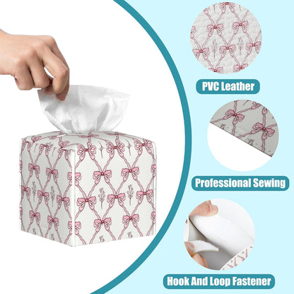 Vintage Retro Pink Ribbon Tissue Box Cover Square,Leather Tissue Holder,Waterproof Leather Facial Paper Organizer Tissue Box Cover for Home Office Bathroom Vanity Countertop,5.2" x 5.2" x 5.2"