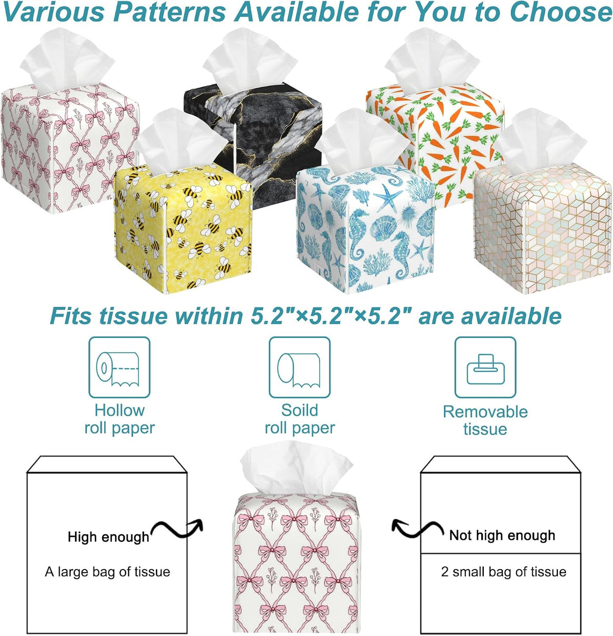 Vintage Retro Pink Ribbon Tissue Box Cover Square,Leather Tissue Holder,Waterproof Leather Facial Paper Organizer Tissue Box Cover for Home Office Bathroom Vanity Countertop,5.2" x 5.2" x 5.2"