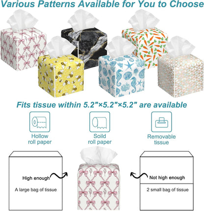 Vintage Retro Pink Ribbon Tissue Box Cover Square,Leather Tissue Holder,Waterproof Leather Facial Paper Organizer Tissue Box Cover for Home Office Bathroom Vanity Countertop,5.2" x 5.2" x 5.2"