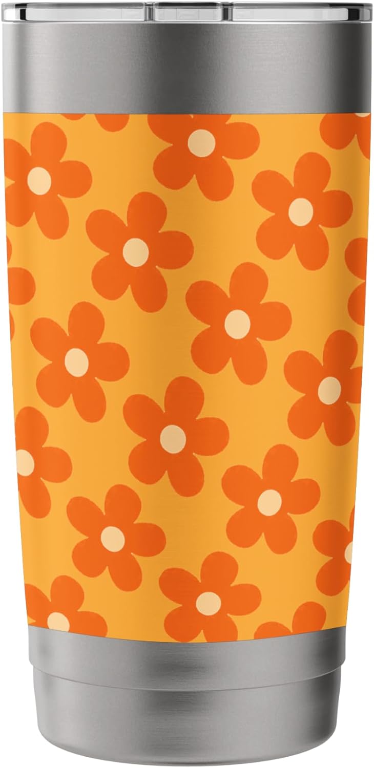 Orange Peach Floral Retro Flower Pattern Aesthetic Design Stainless Steel Insulated Tumbler