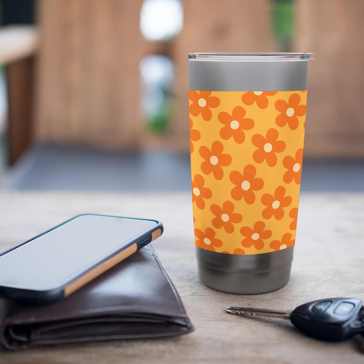Orange Peach Floral Retro Flower Pattern Aesthetic Design Stainless Steel Insulated Tumbler