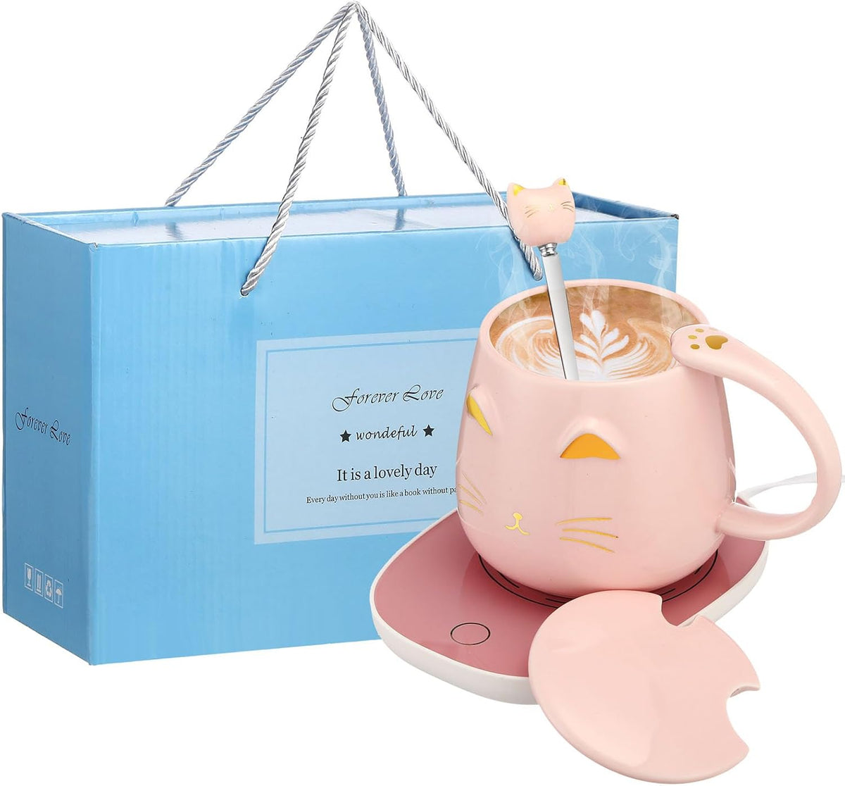 Cat Coffee Cup Coffee Warmer with Mug for Women Electric Mug Heater Temperature Control Ceramic Cute Cat Warmer for Office Valentine' Day Birthday Gift(Pink)