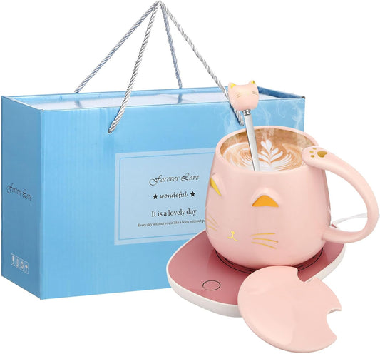 Cat Coffee Cup Coffee Warmer with Mug for Women Electric Mug Heater Temperature Control Ceramic Cute Cat Warmer for Office Valentine' Day Birthday Gift(Pink)