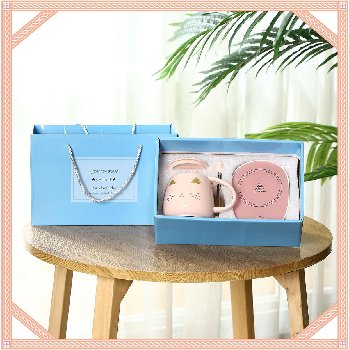 Cat Coffee Cup Coffee Warmer with Mug for Women Electric Mug Heater Temperature Control Ceramic Cute Cat Warmer for Office Valentine' Day Birthday Gift(Pink)