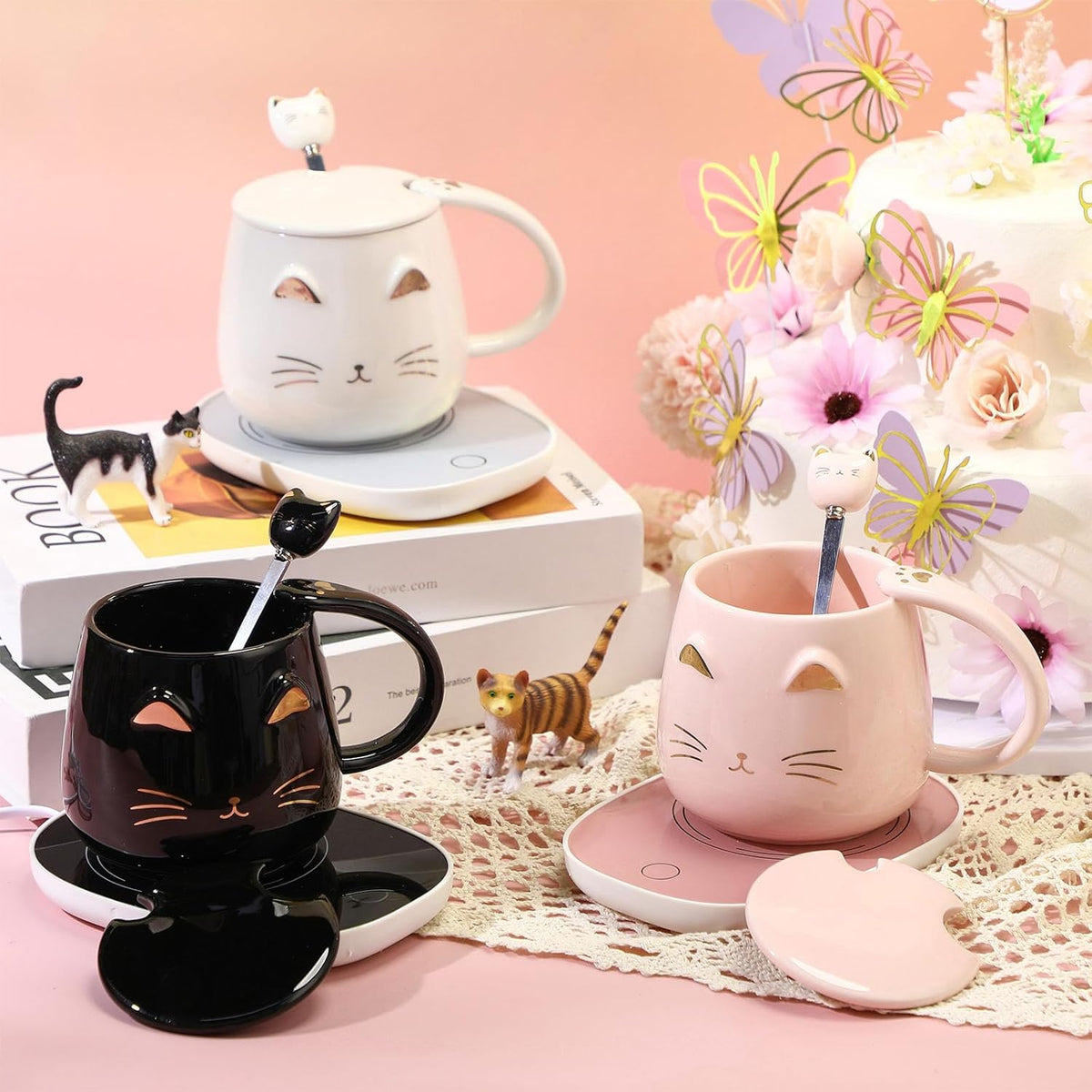 Cat Coffee Cup Coffee Warmer with Mug for Women Electric Mug Heater Temperature Control Ceramic Cute Cat Warmer for Office Valentine' Day Birthday Gift(Pink)
