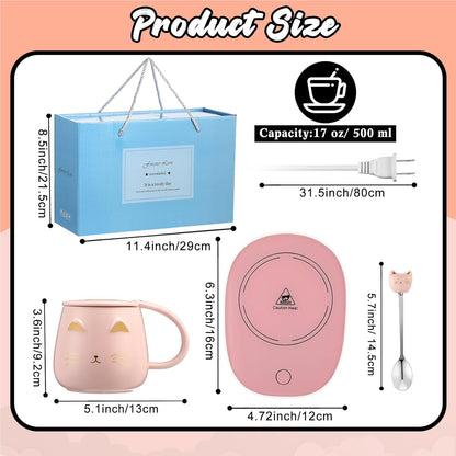 Cat Coffee Cup Coffee Warmer with Mug for Women Electric Mug Heater Temperature Control Ceramic Cute Cat Warmer for Office Valentine' Day Birthday Gift(Pink)