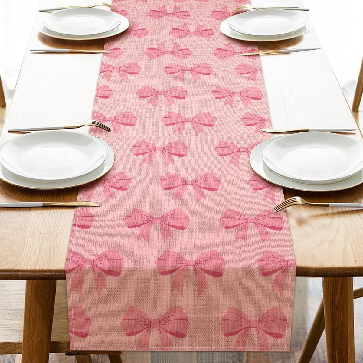 Pink Bow Dining Table Runner, Coquette Ribbon Preppy Burlap Kitchen
