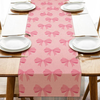 Pink Bow Dining Table Runner, Coquette Ribbon Preppy Burlap Kitchen