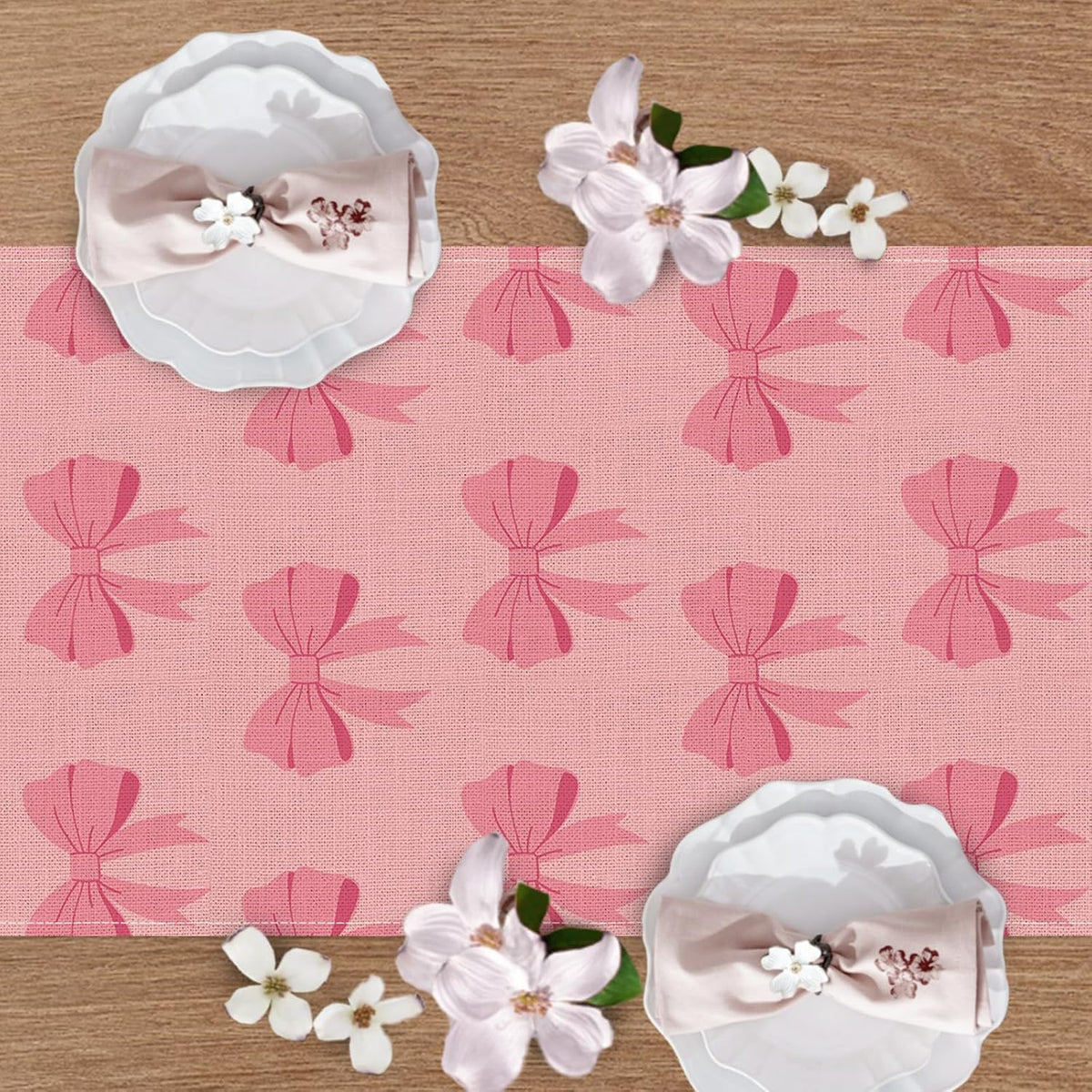 Pink Bow Dining Table Runner, Coquette Ribbon Preppy Burlap Kitchen