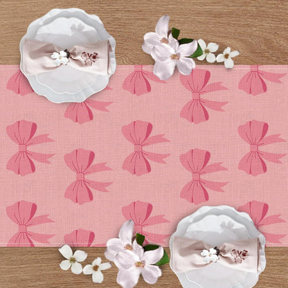 Pink Bow Dining Table Runner, Coquette Ribbon Preppy Burlap Kitchen