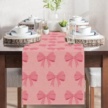Pink Bow Dining Table Runner, Coquette Ribbon Preppy Burlap Kitchen