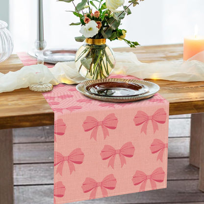 Pink Bow Dining Table Runner, Coquette Ribbon Preppy Burlap Kitchen