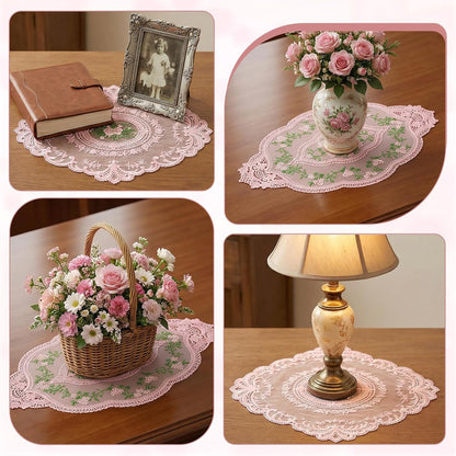 2 Pcs Retro Lace Placemats 12''x16'' Lace Doilies for Tables French Crochet Doilies Pink Oval Place Mats Cup Mat Handmade Embroidered Table Mats for Wedding Home Decor