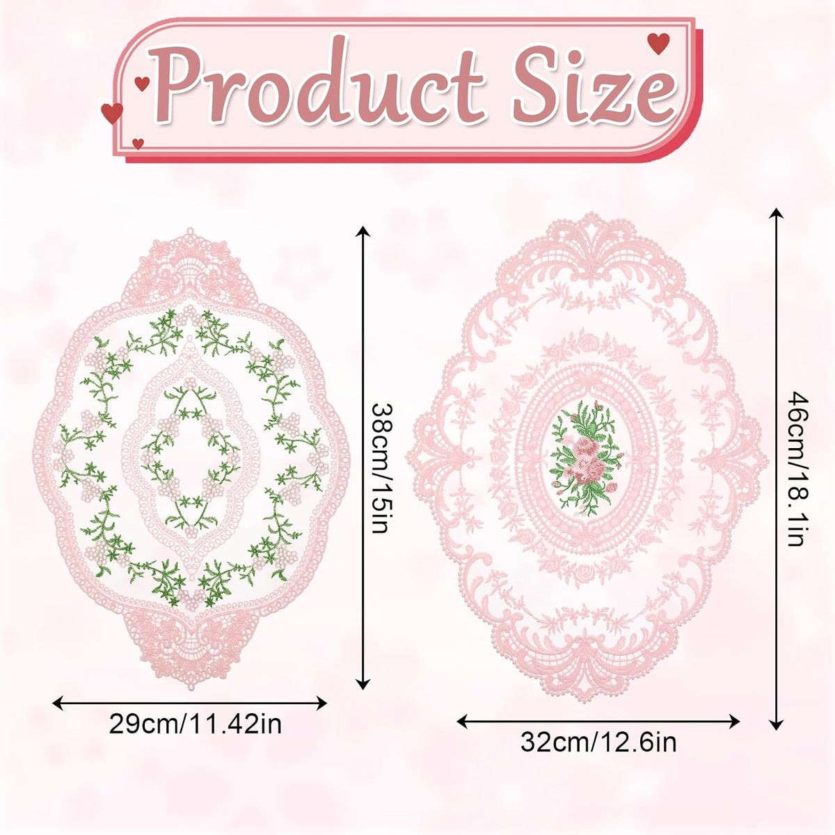 2 Pcs Retro Lace Placemats 12''x16'' Lace Doilies for Tables French Crochet Doilies Pink Oval Place Mats Cup Mat Handmade Embroidered Table Mats for Wedding Home Decor